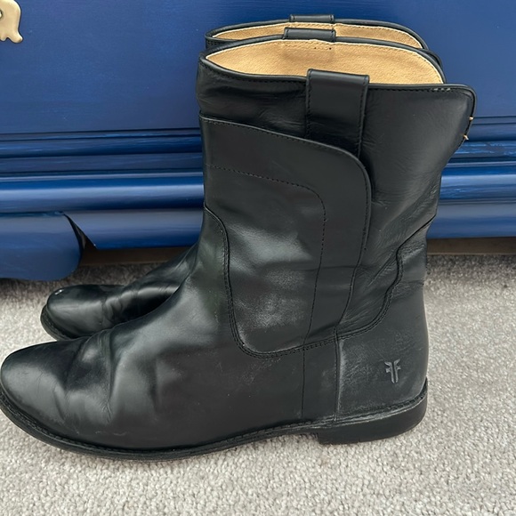 Frye Womens Paige Short Riding Boots Black Leather Mid Calf Block Pull On - Picture 1 of 3